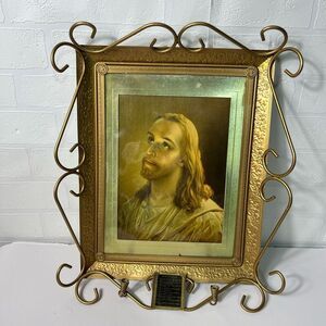 Jesus picture gold frame vintage Ten Commandments 14x16” inch